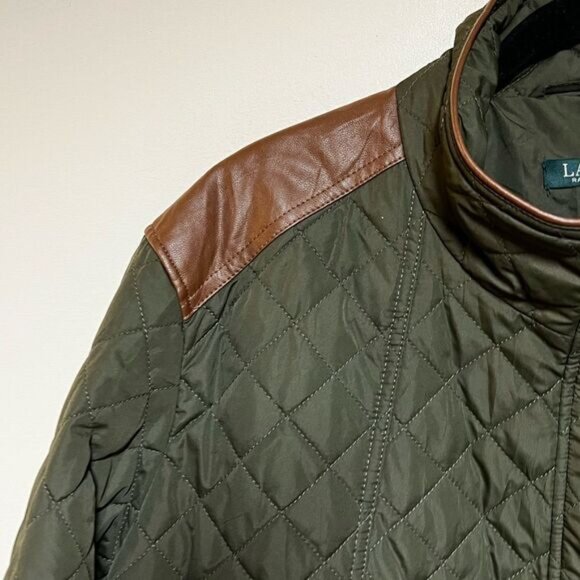 Lauren Ralph Lauren Faux Leather Trim Equestrian Olive Quilted Coat Olive Sz 2X - Picture 7 of 10